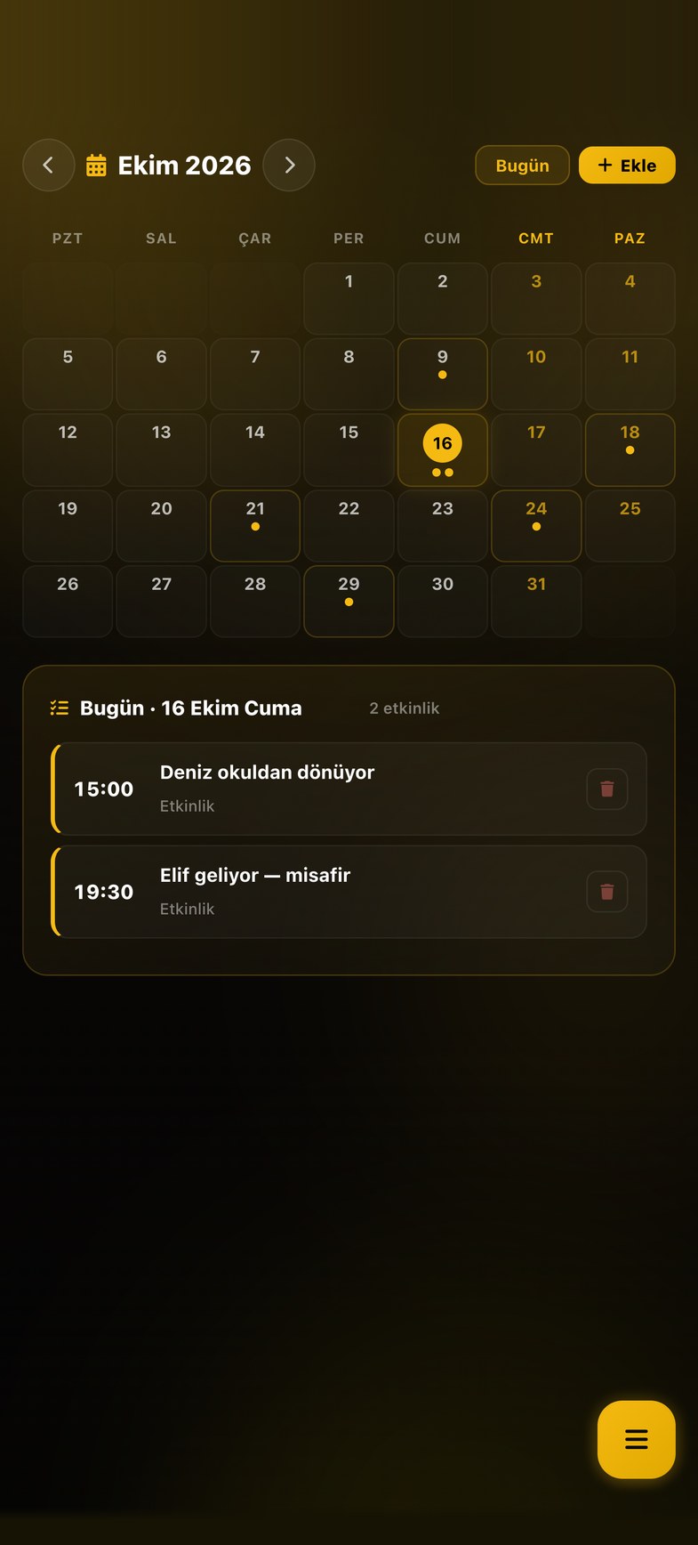 Takvim ekranı