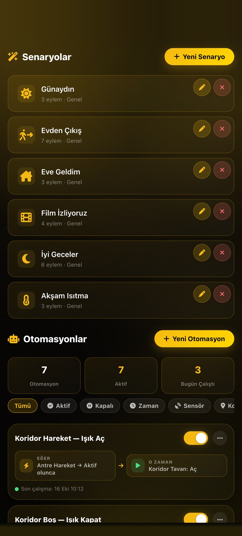 Otomasyonlar ekranı