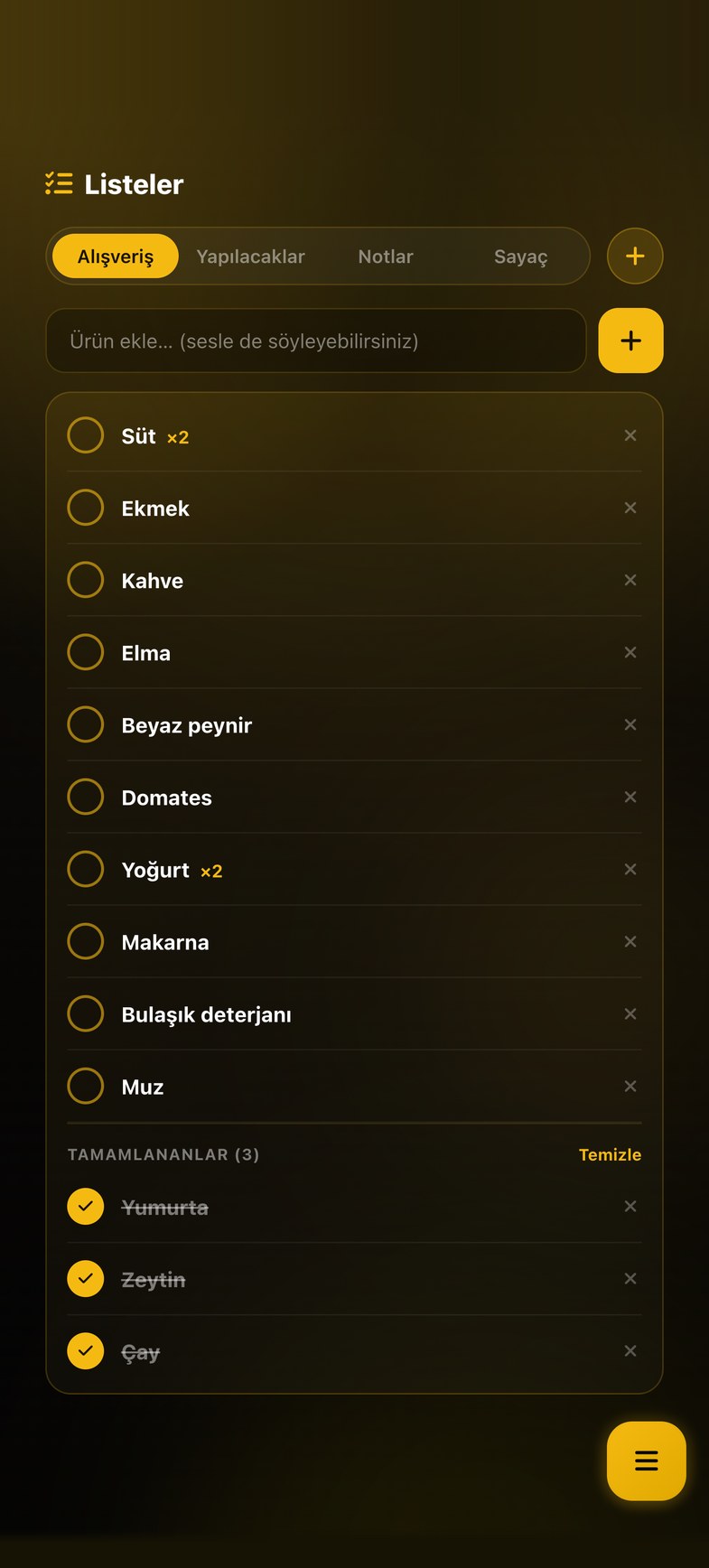 Listeler ekranı